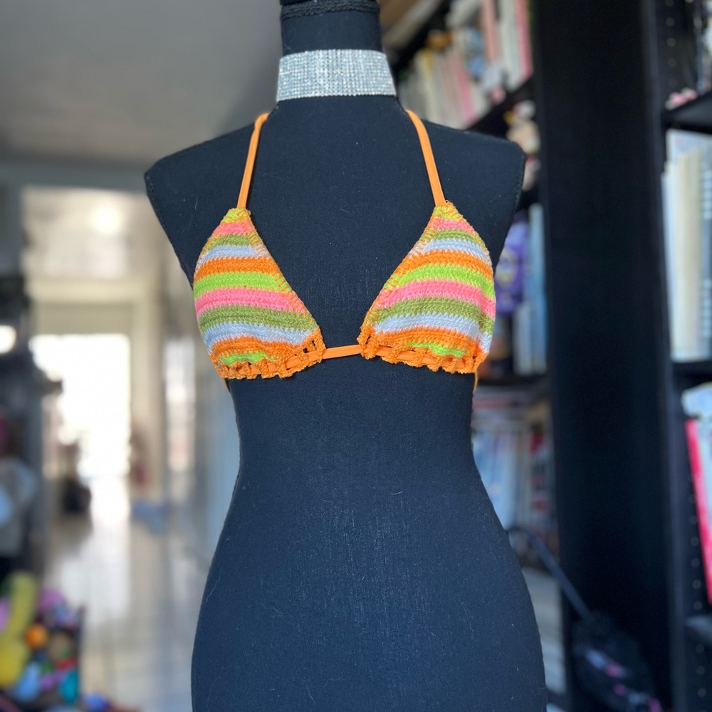 Striped Crochet Halter Bikini Top